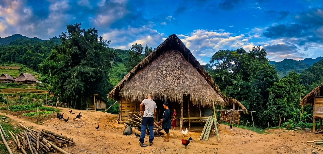 Traditional wooden stilt house in a Mon Khmer village