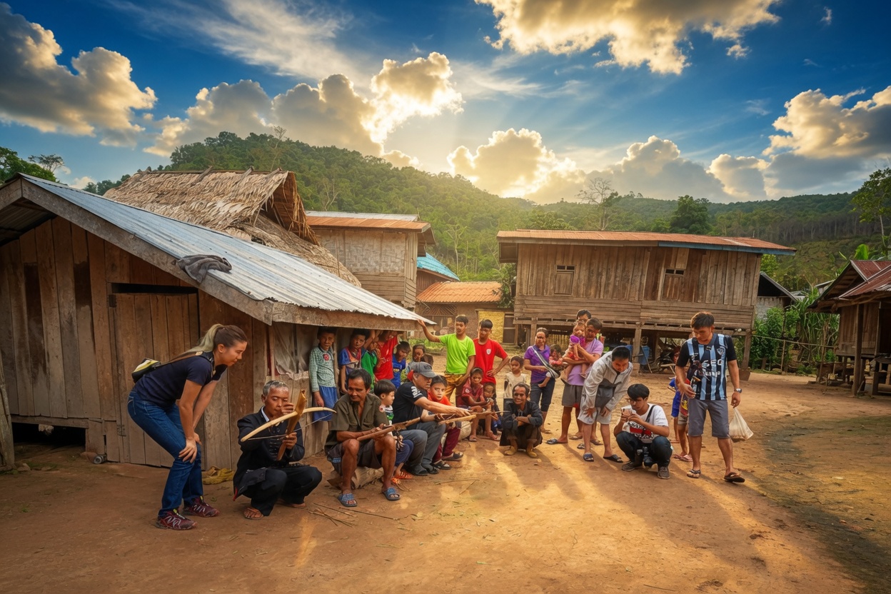 Local children and traditional houses in a Ngae village