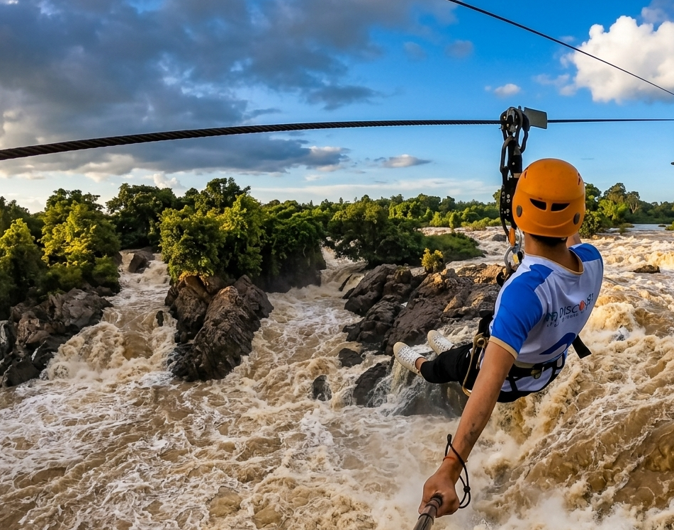 Ziplining over the roaring Lipphi Falls rapids