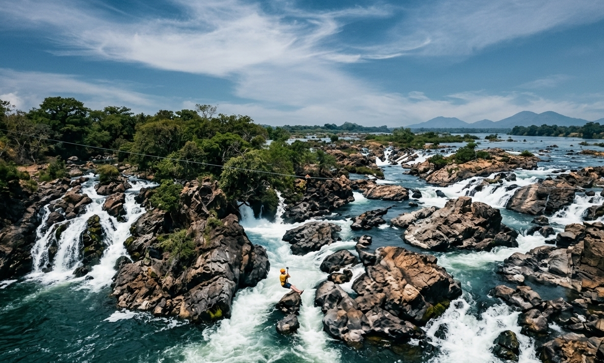 Ziplining over Lipphi Falls rapids
