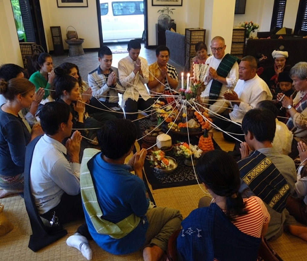 Locals tying white strings during a Basi ceremony