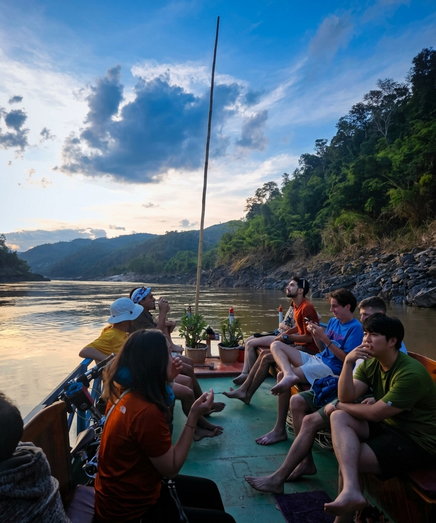 Longtail boat ferry crossing the Mekong River to the islands