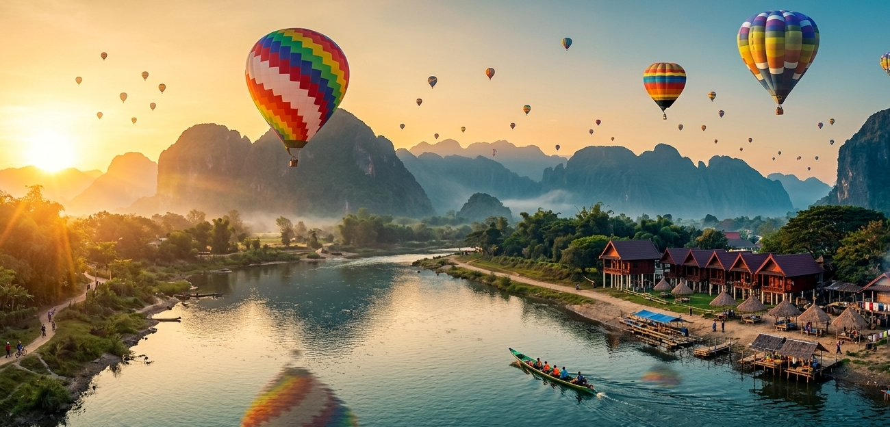 Hot air balloons over Vang Vieng