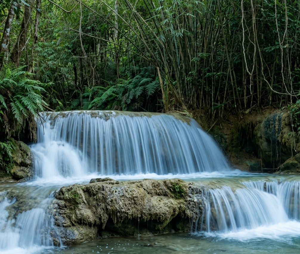 The tiered turquoise pools of Kuang Si Waterfall