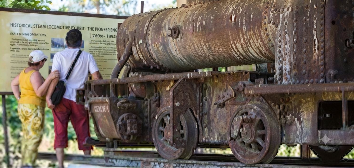 The historic concrete French colonial bridge connecting Don Det and Don Khone with an old locomotive nearby