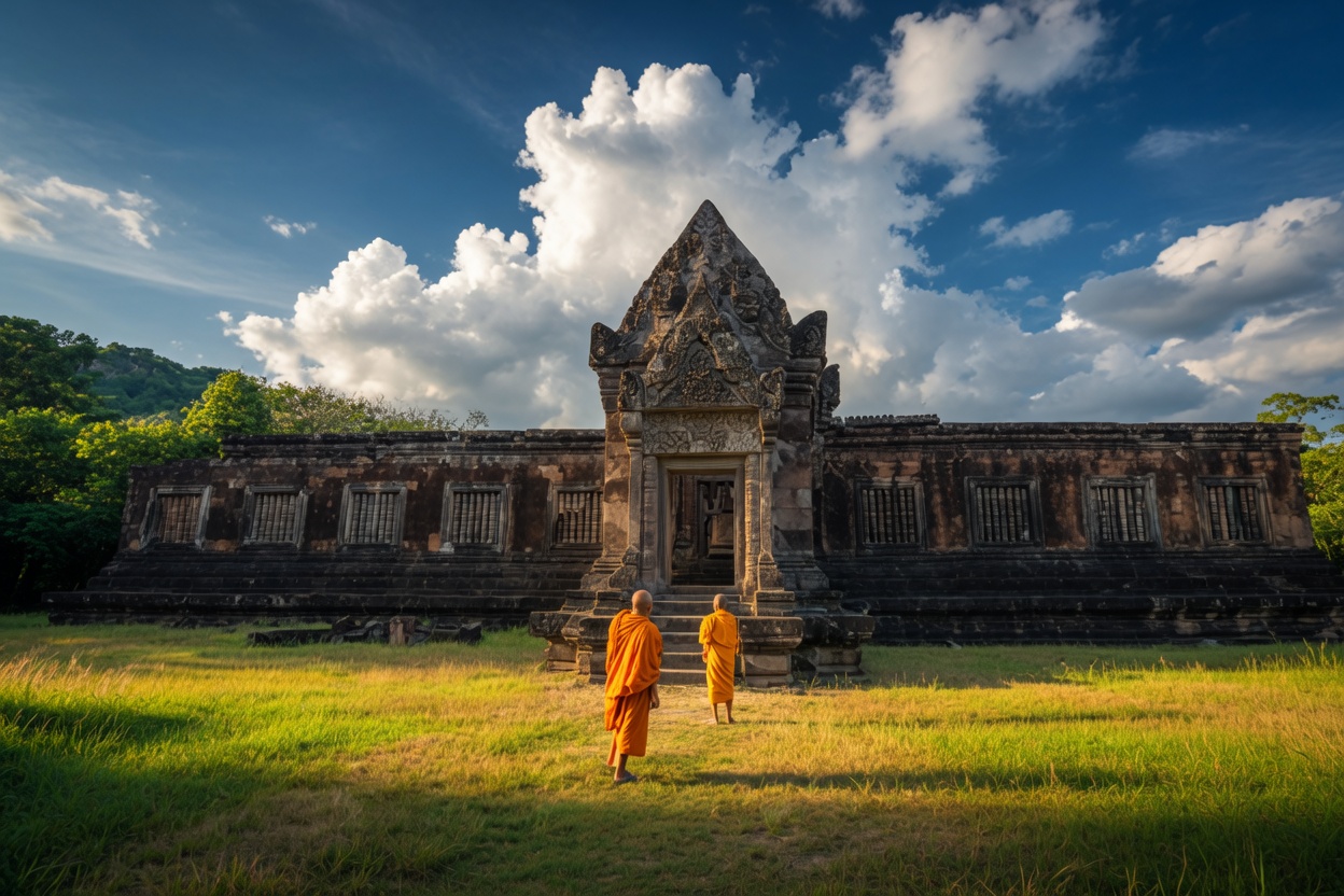Ancient stone ruins of Vat Phou temple complex
