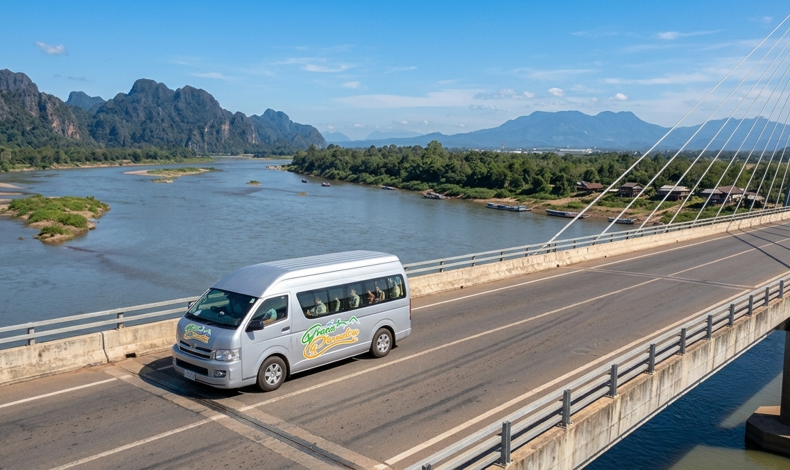 Private transport van driving across the Mekong bridge south of Pakse