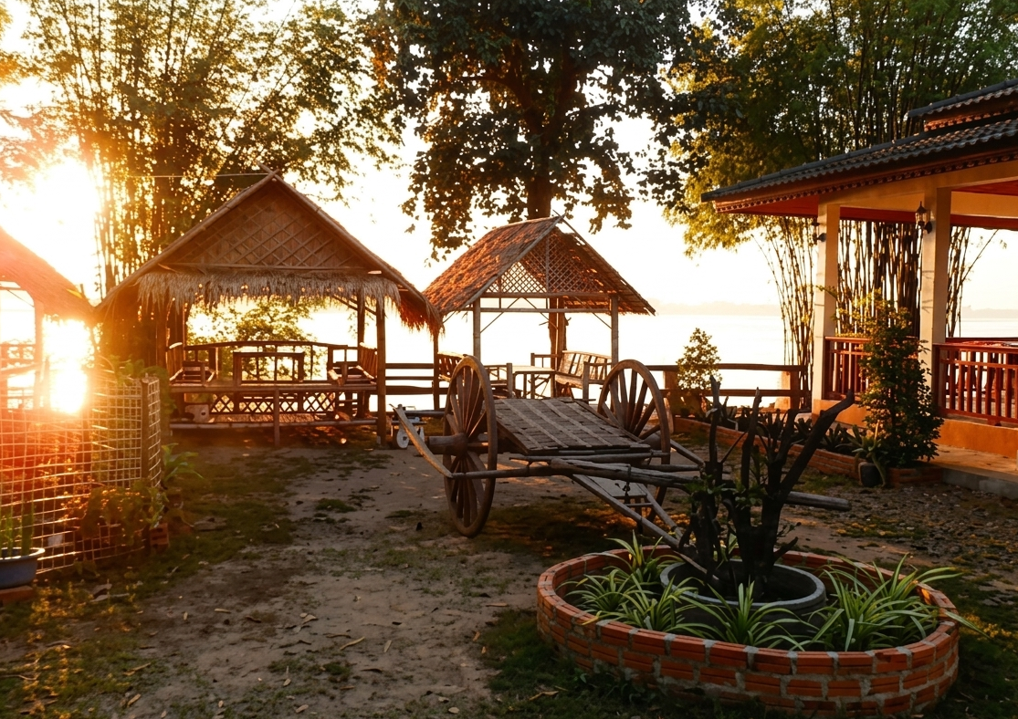 A peaceful hotel room or resort grounds located along the edge of the river bank