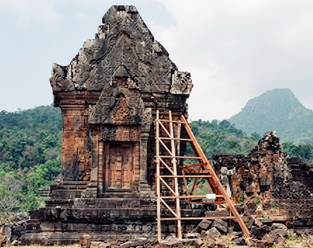 Archaeologists working on stone blocks at the Hong Nang Sida restoration site