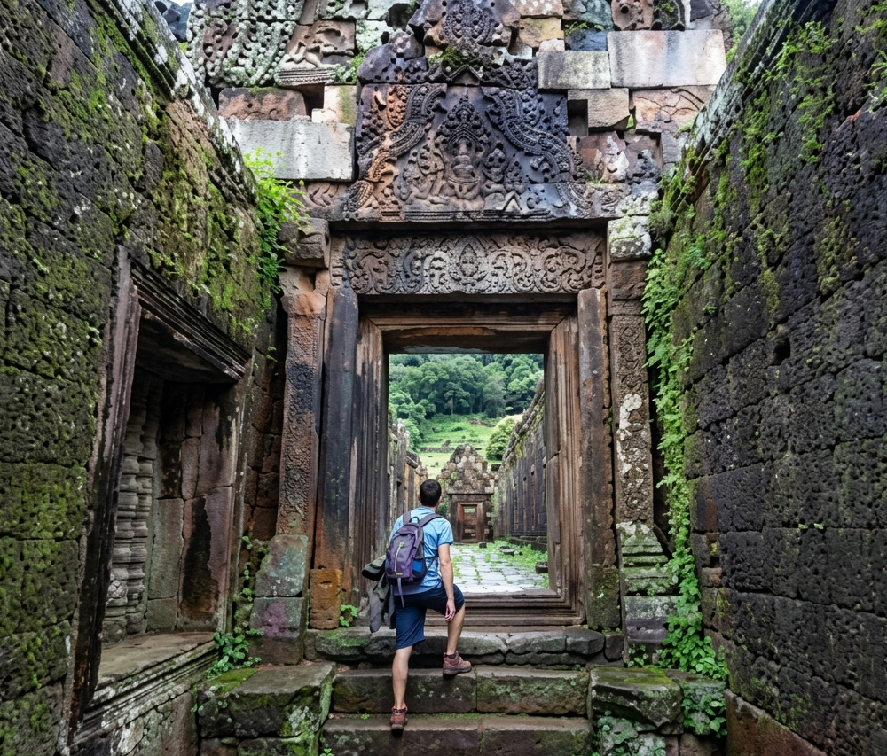 An ancient jungle temple structure sitting on top of a hill overlooking the river horizon