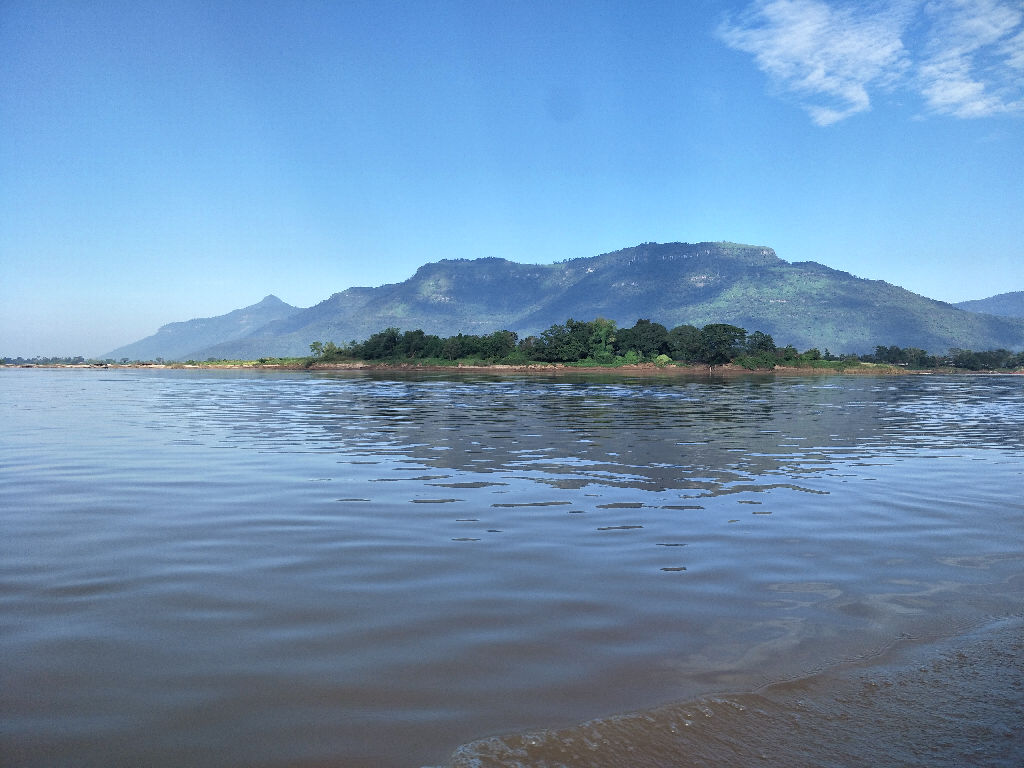 champasak mountains seen from motorbike ferry